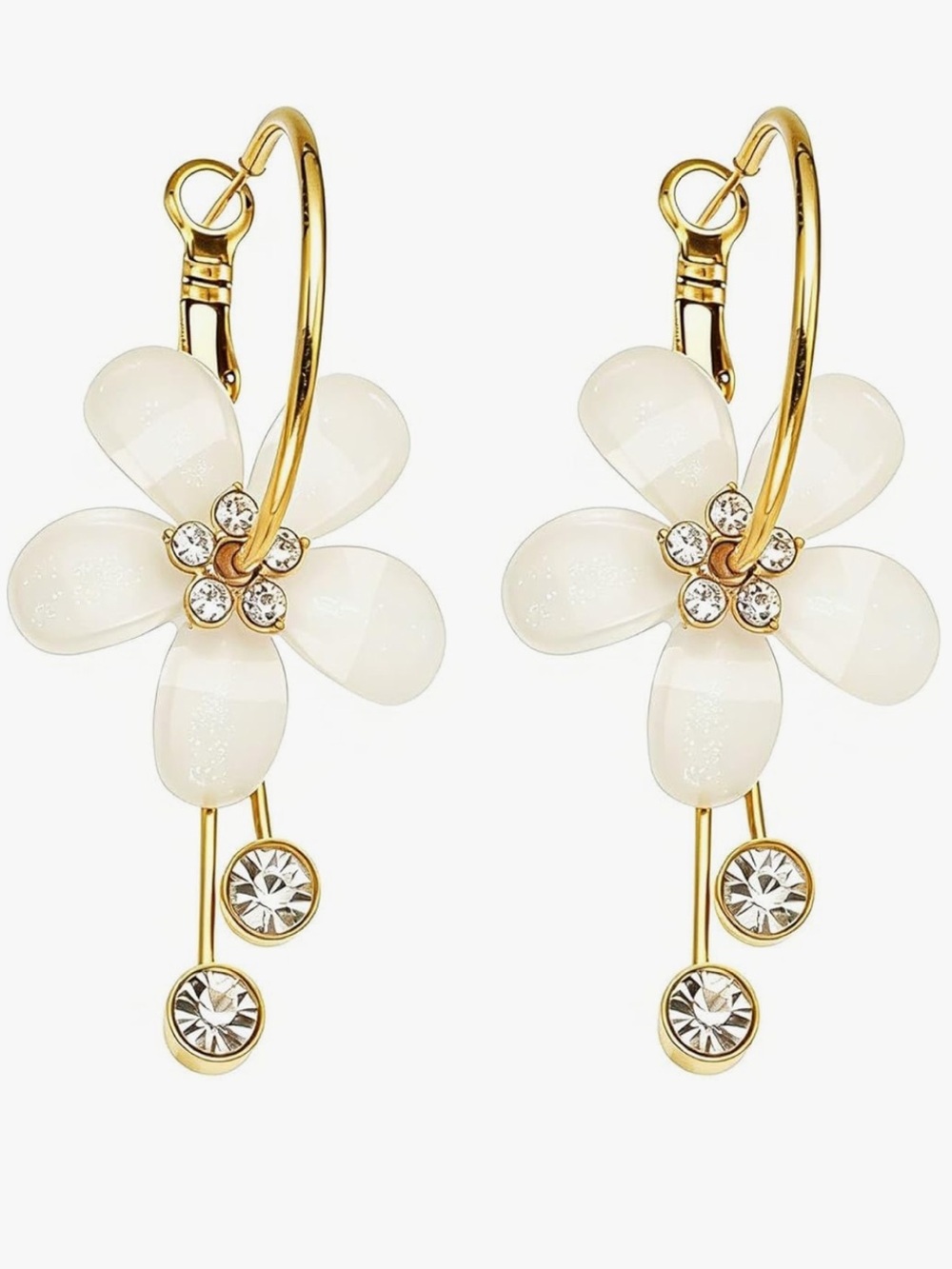 Anthropologie Gold Hoop Earrings with Cream Floral Charms and Crystal Drops